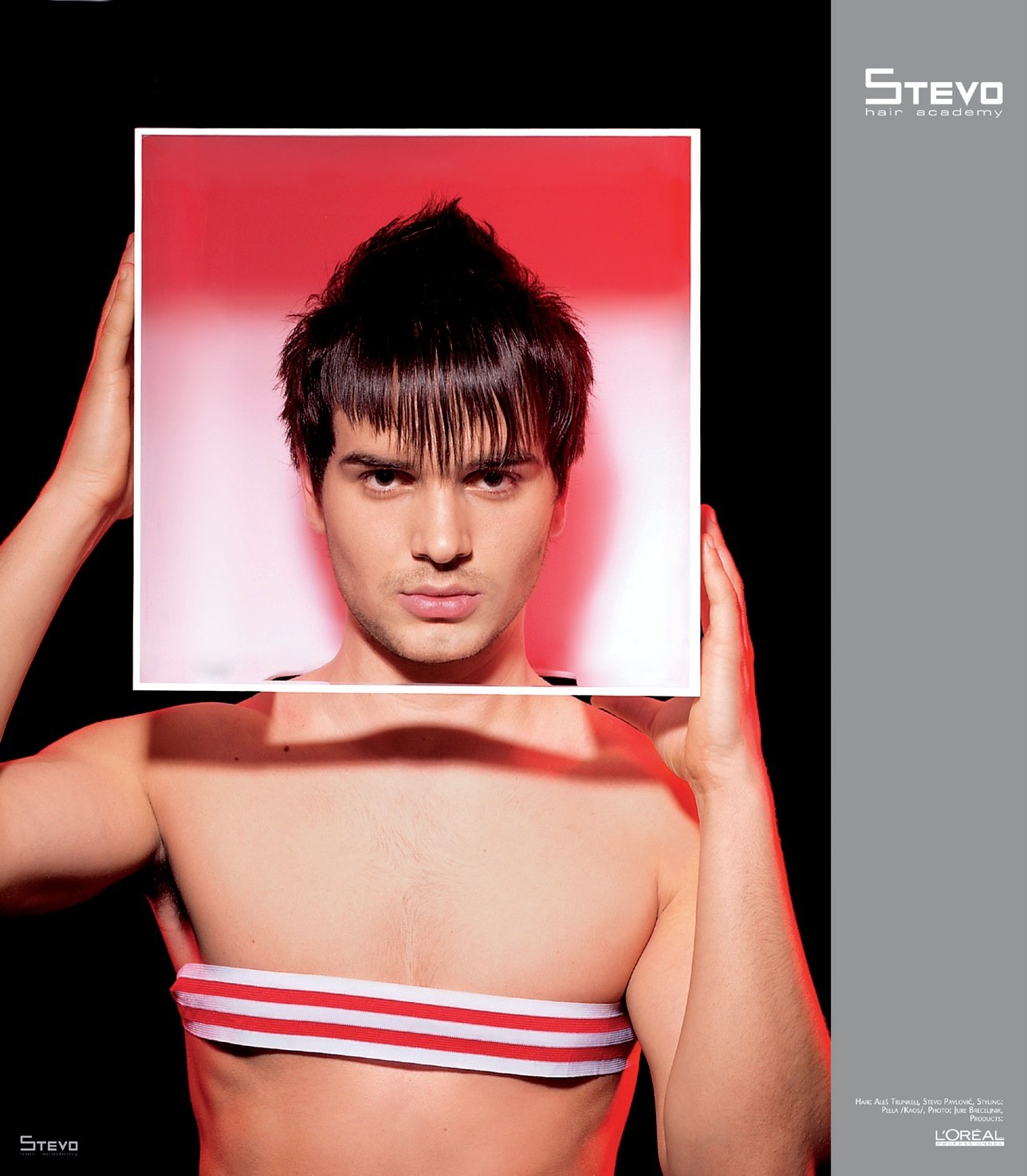 Men's short textured cut with a feathered fringe, red frame – HIM Collection, Stevo Hair Academy 2008
