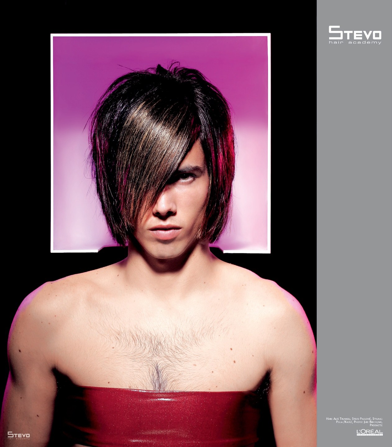 Men's long asymmetric fringe with blonde streaks, violet frame – HIM Collection, Stevo Hair Academy 2008