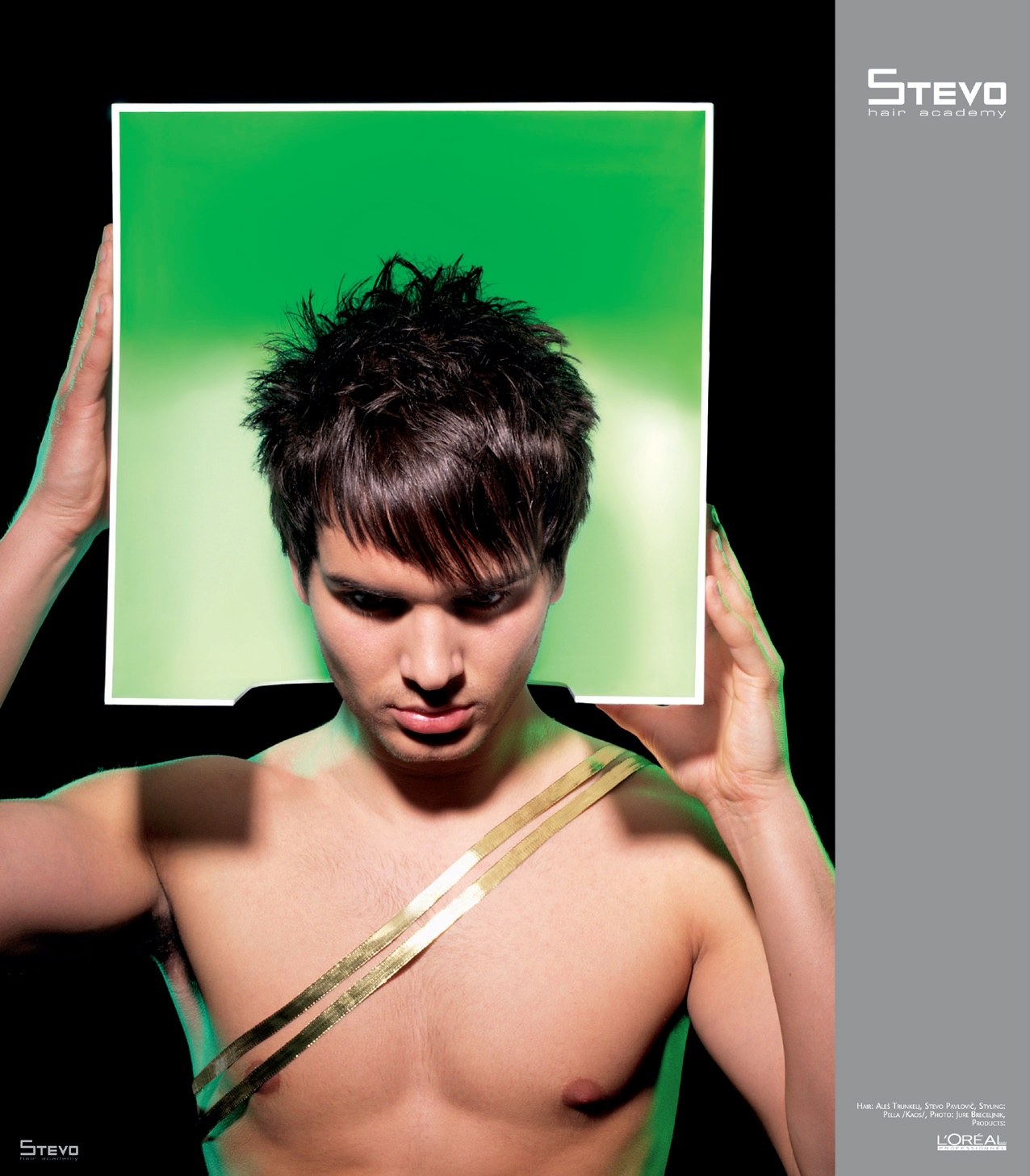 Men's short spiky crop, head lowered, green frame – HIM Collection, Stevo Hair Academy 2008