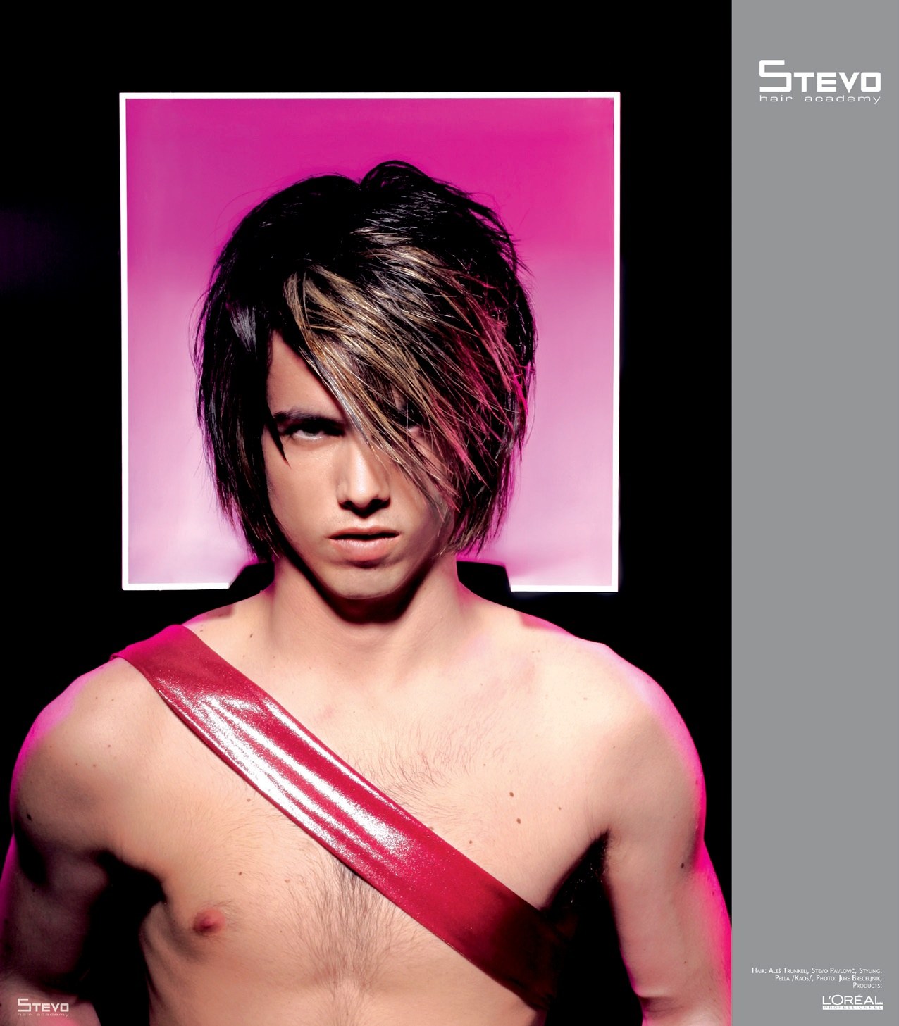 Men's long fringe with blonde streaks over one eye, pink frame – HIM Collection, Stevo Hair Academy 2008