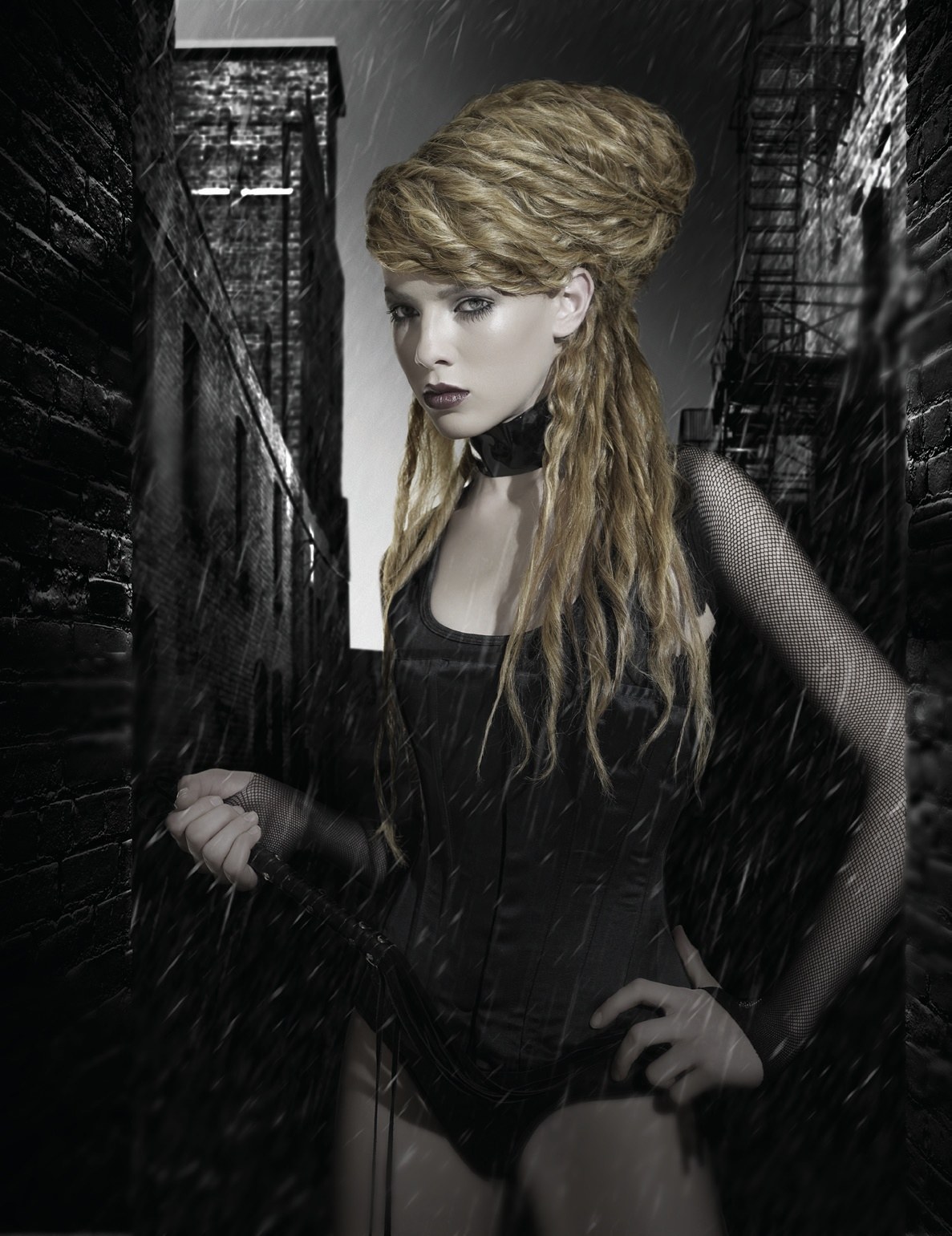 Textured blonde updo with loose lengths, in a rainy alley – HOB Salons Collection, HOB Creative Team 2008