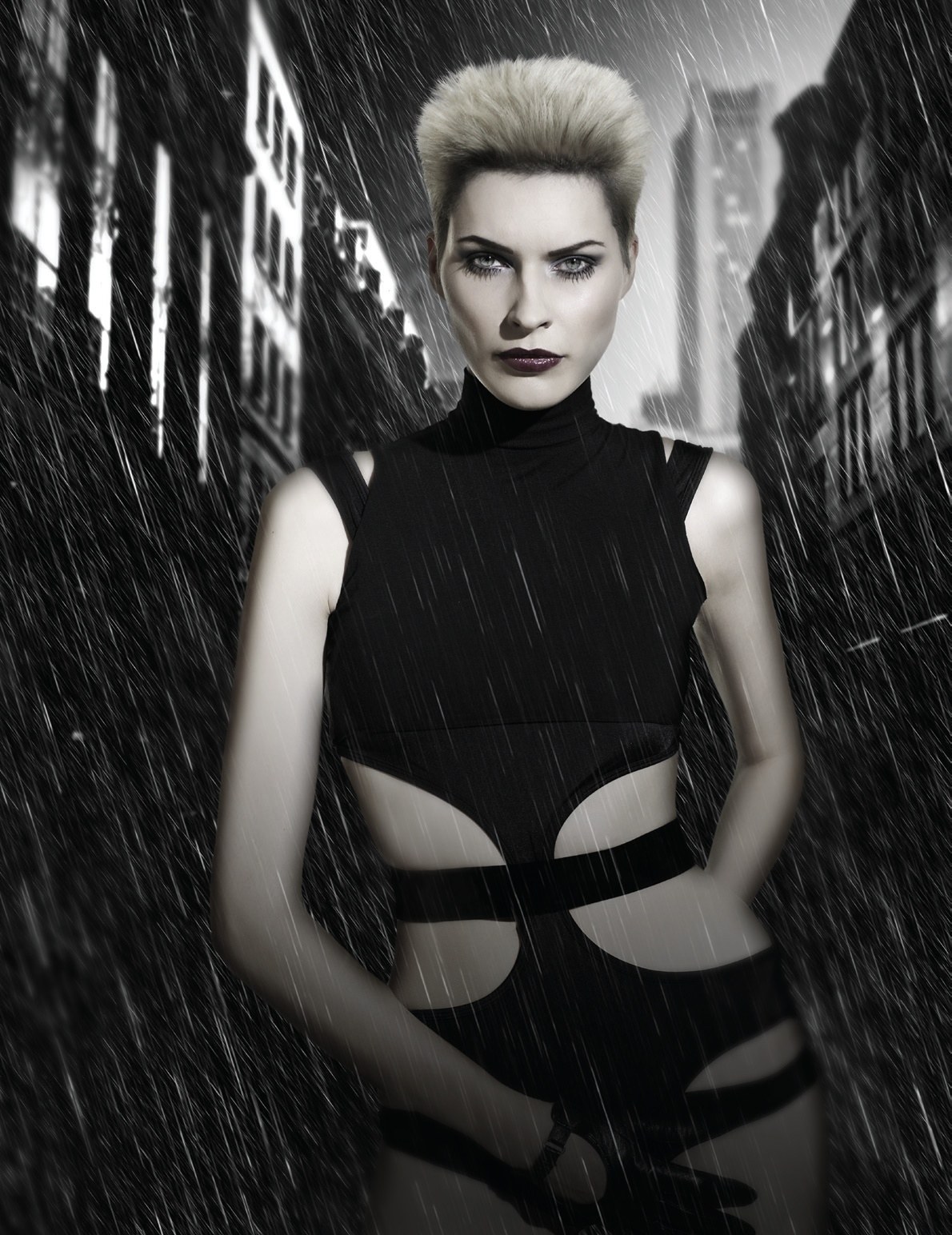 Platinum crop brushed up from the forehead, black cut-out bodysuit – HOB Salons Collection, HOB Creative Team 2008