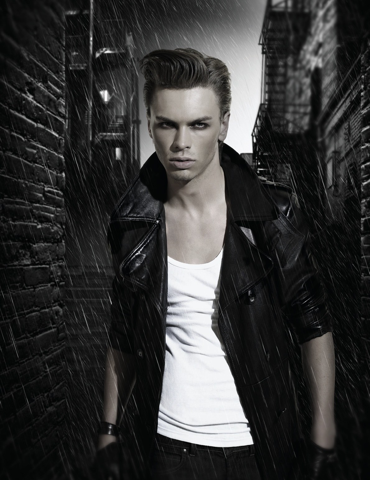 Men's brushed-up quiff with short sides, leather jacket – HOB Salons Collection, HOB Creative Team 2008