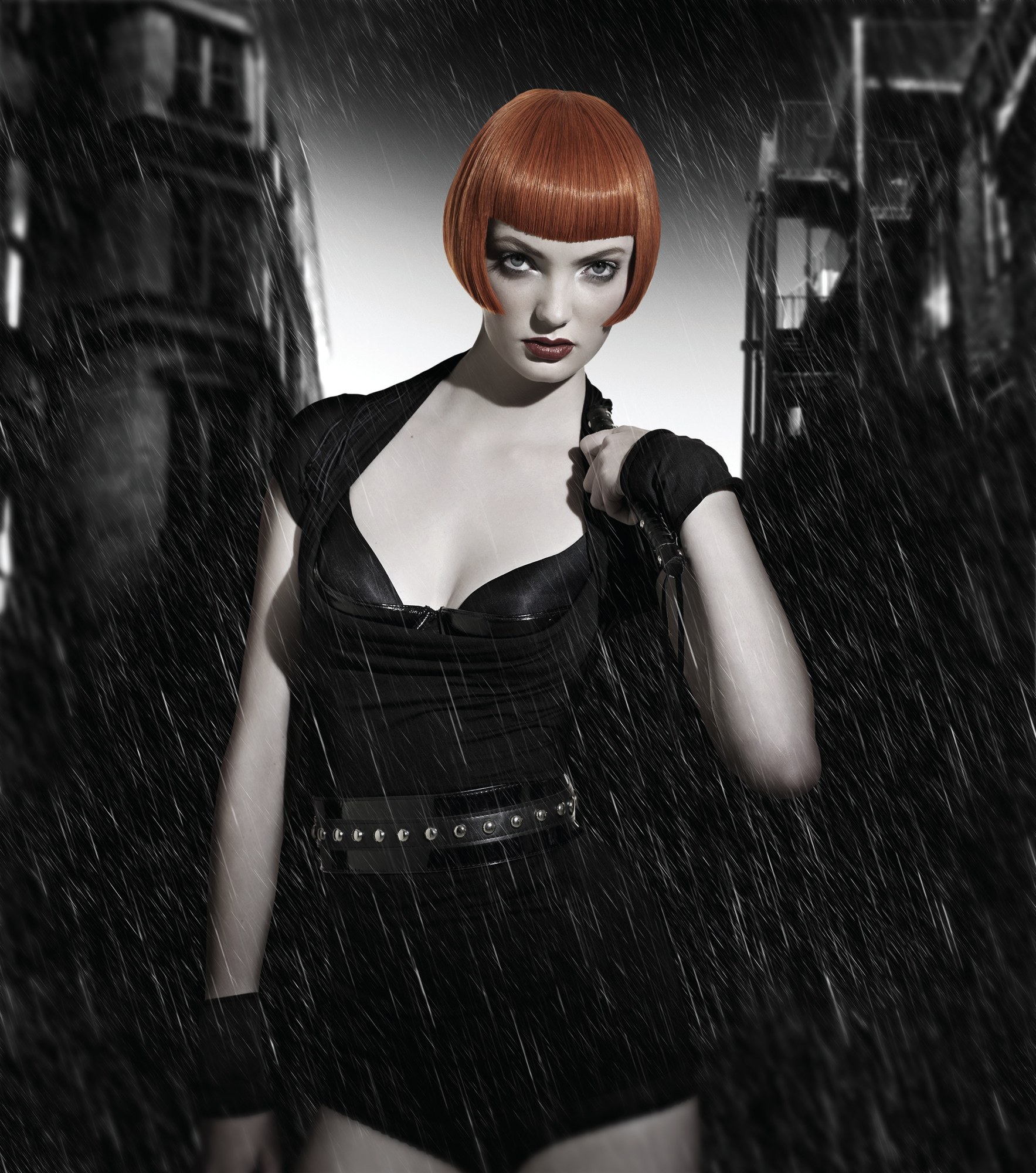 Glossy copper bob with a short fringe, black corset top – HOB Salons Collection, HOB Creative Team 2008