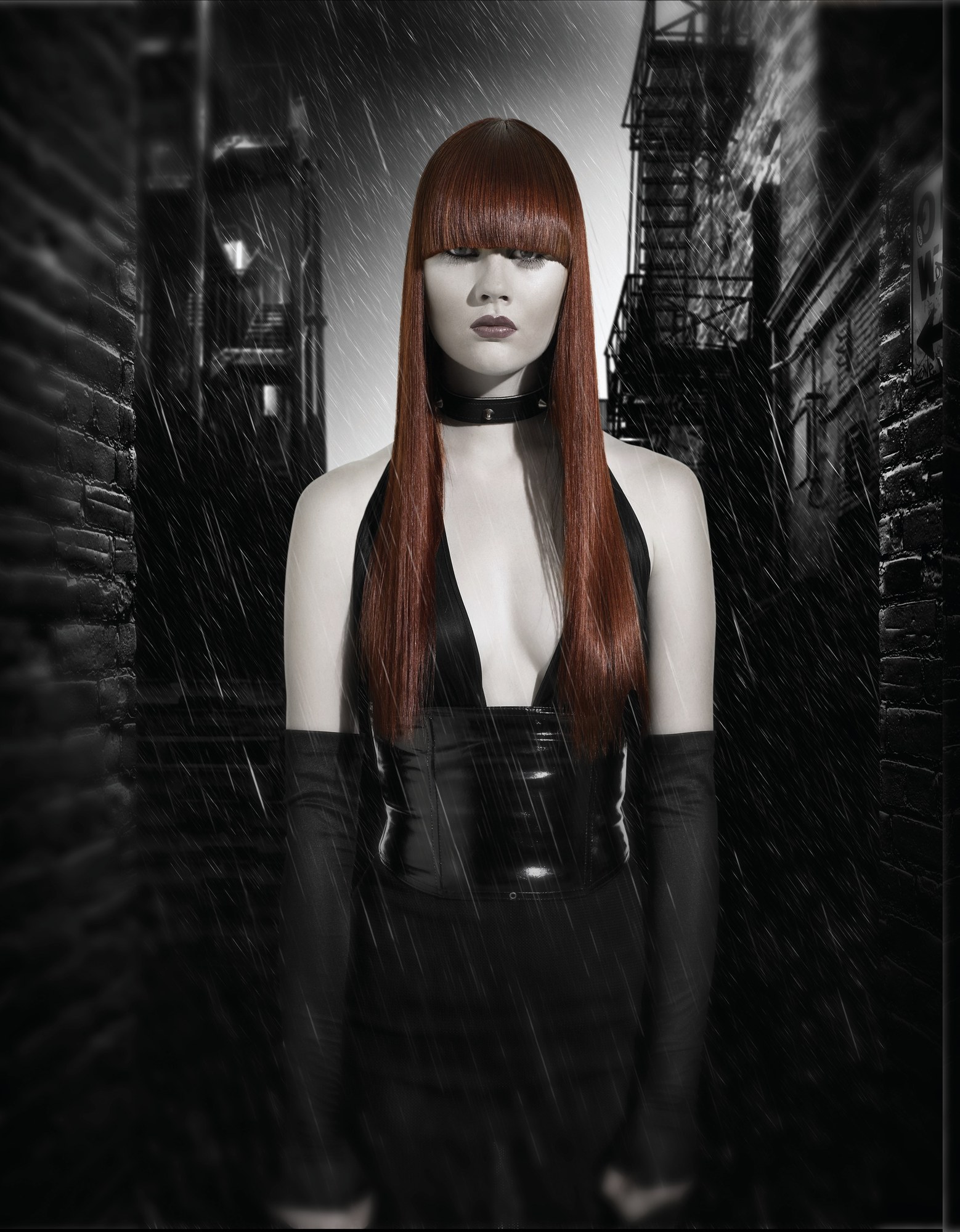 Long straight red hair with a heavy blunt fringe – HOB Salons Collection, HOB Creative Team 2008