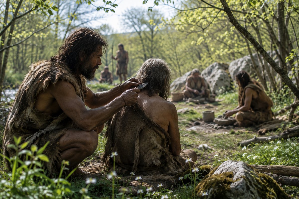 Editorial reconstruction of one prehistoric person carefully trimming another person's hair in a spring woodland community.