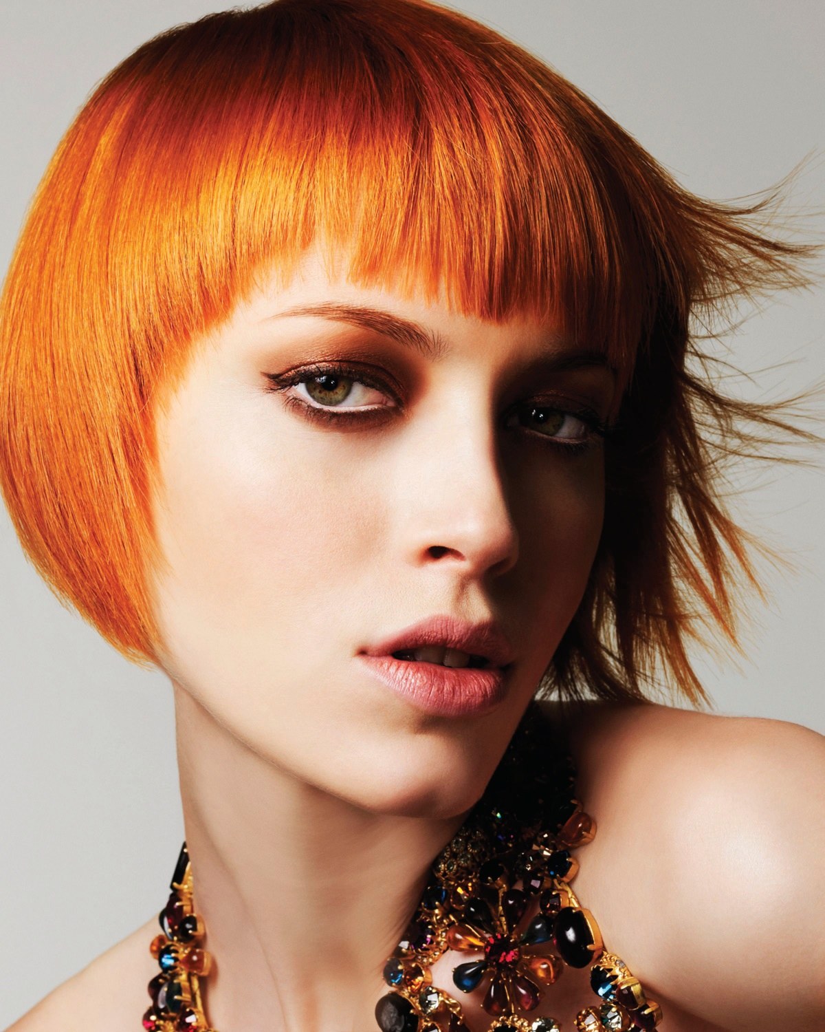 Tangerine bob with a fine fringe, jewelled necklace – Mark Leeson Collection, Mark Leeson 2008