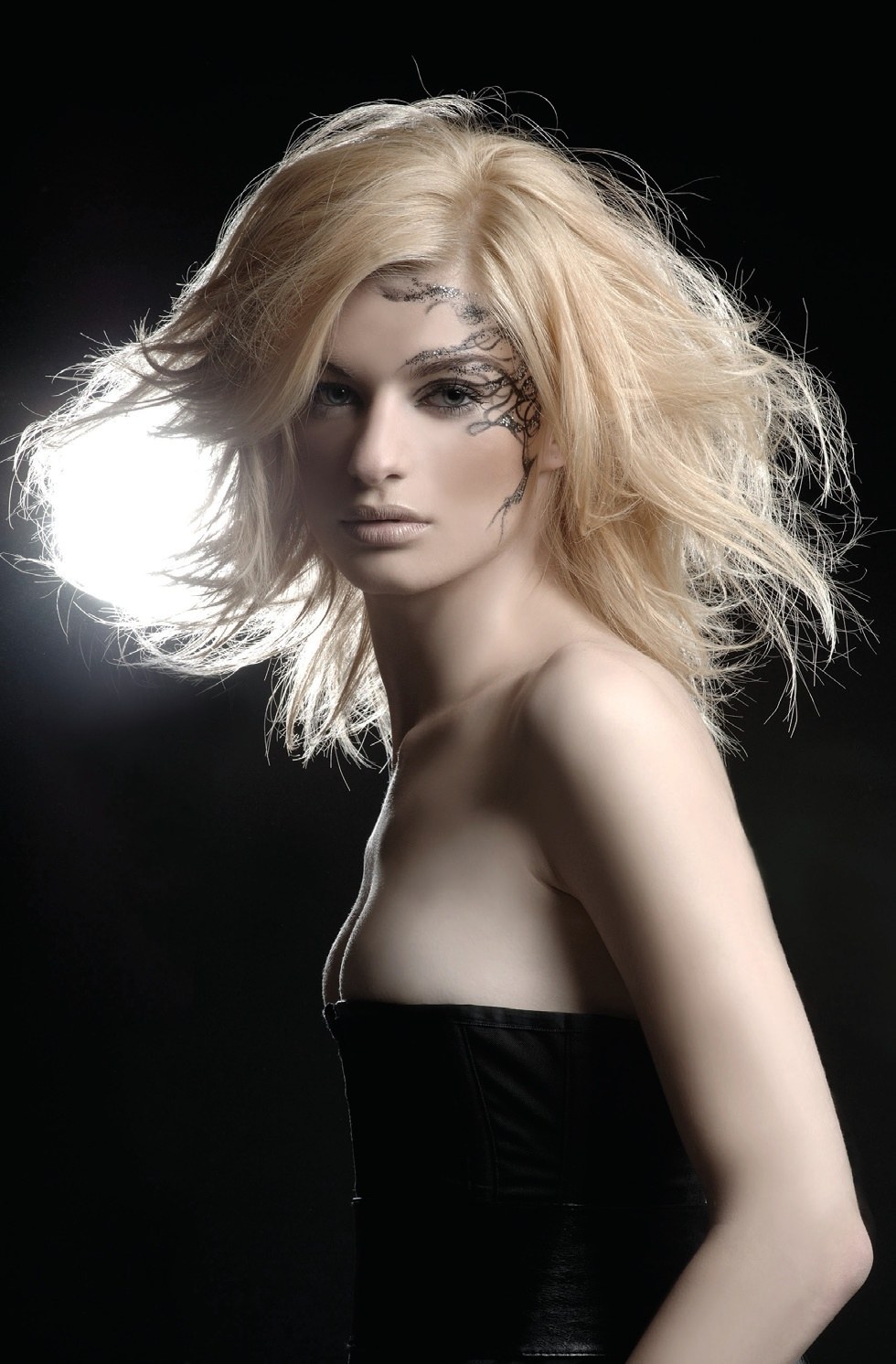 Tousled platinum layers backlit, lace pattern drawn on the temple – Monochrome Collection, Kirsty Emms 2008
