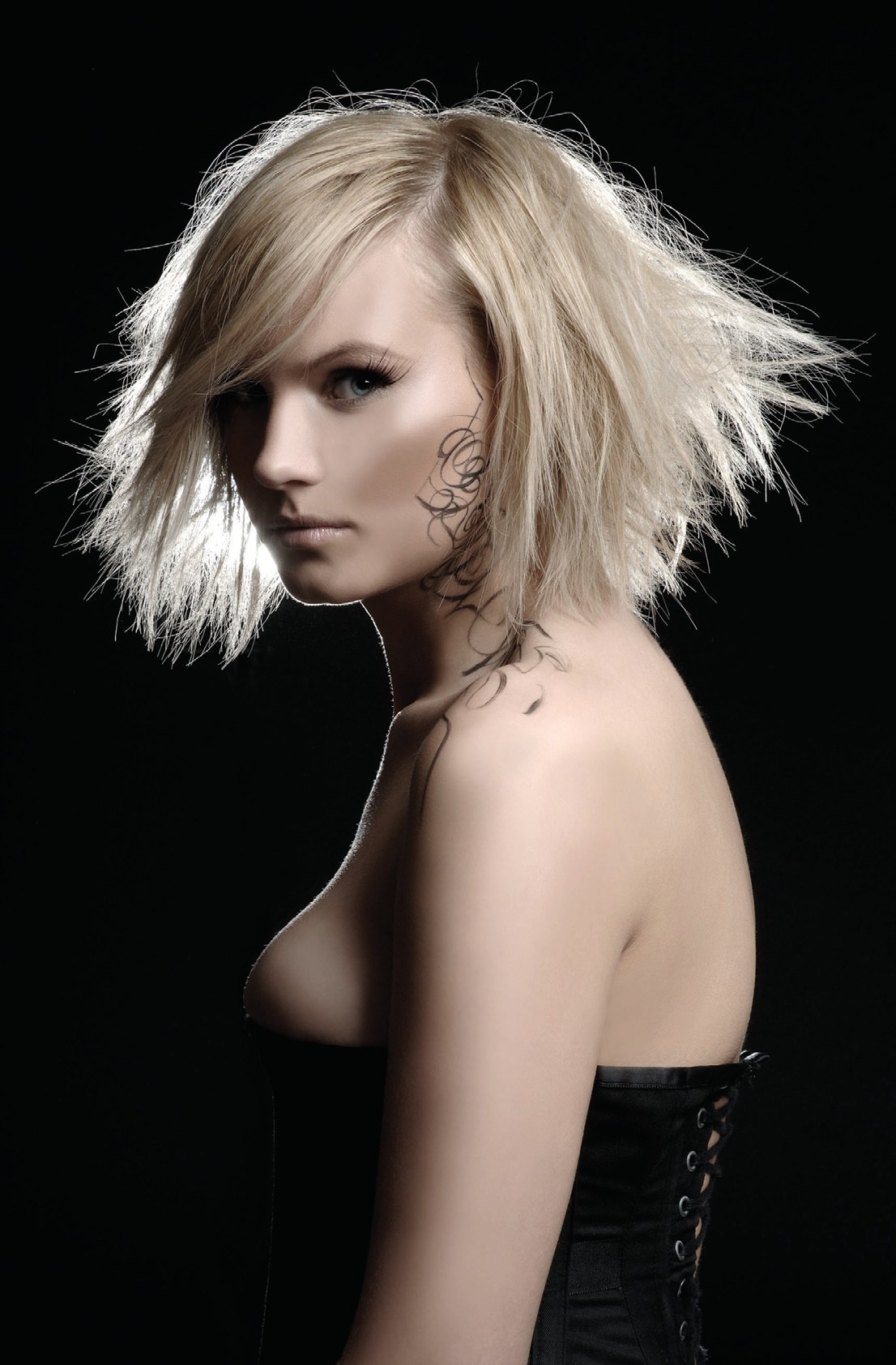 Choppy blonde bob in profile with a drawn lace motif – Monochrome Collection, Kirsty Emms 2008