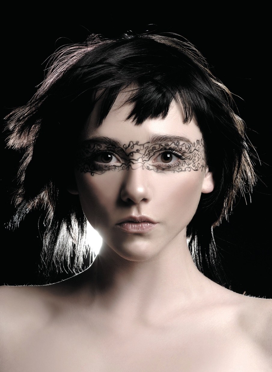 Dark textured cut with a short fringe and a painted lace mask – Monochrome Collection, Kirsty Emms 2008