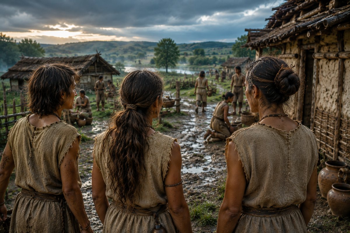 Three people with different simple hair arrangements overlooking a wet Neolithic Balkan settlement after rain.