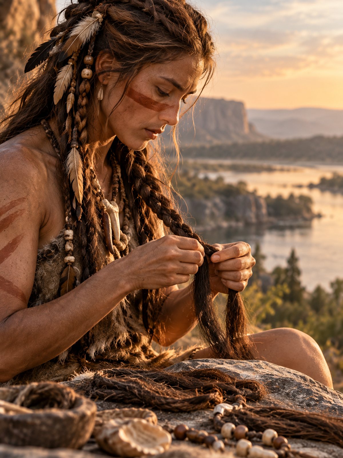 Prehistoric editorial reconstruction showing hands dividing and interlacing long hair beside open water, illustrating the simple manual principle behind early braiding.