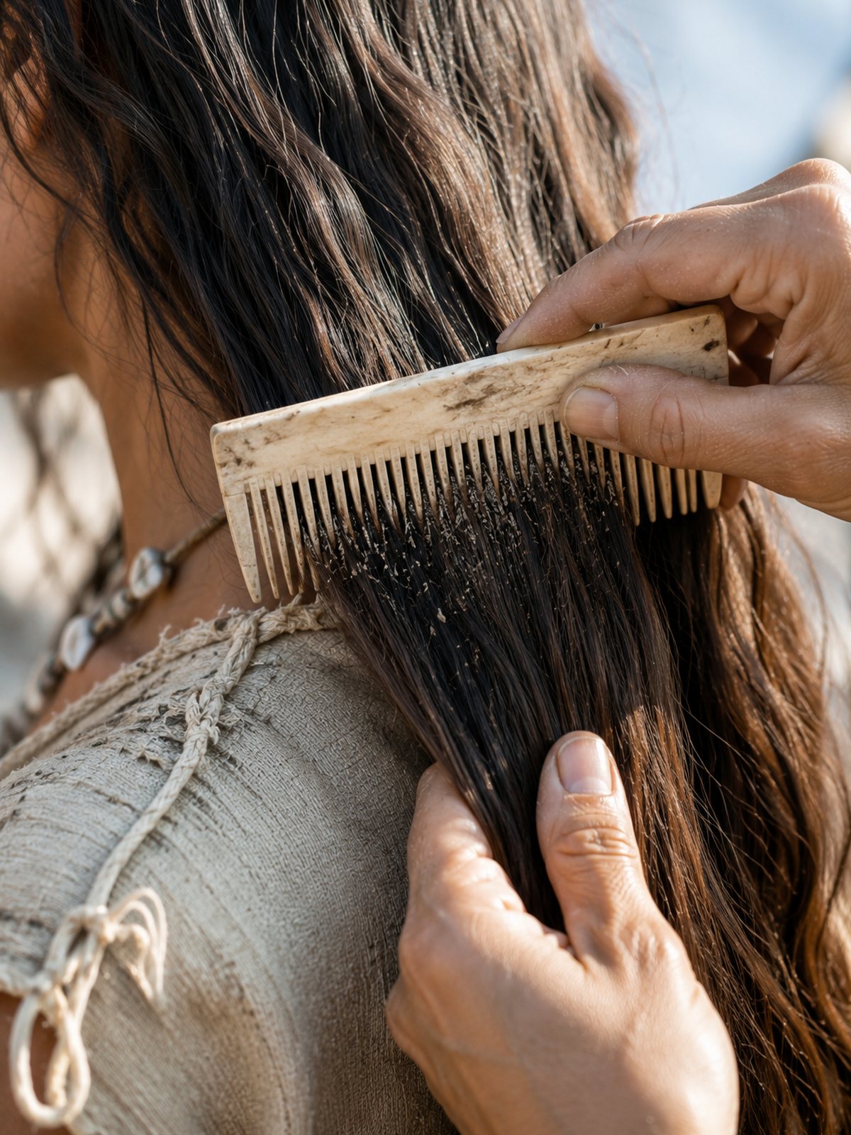 Close-up of a fine-toothed early comb passing through long hair during grooming.