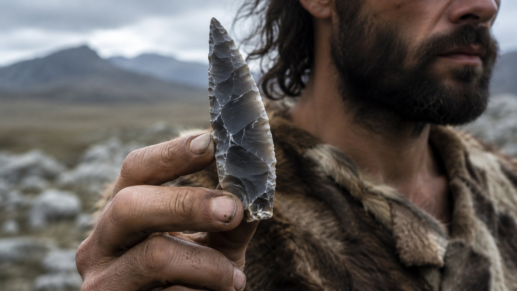 Prehistoric man holding a sharp flint blade against a cold open landscape, illustrating stone cutting technology before metal razors.