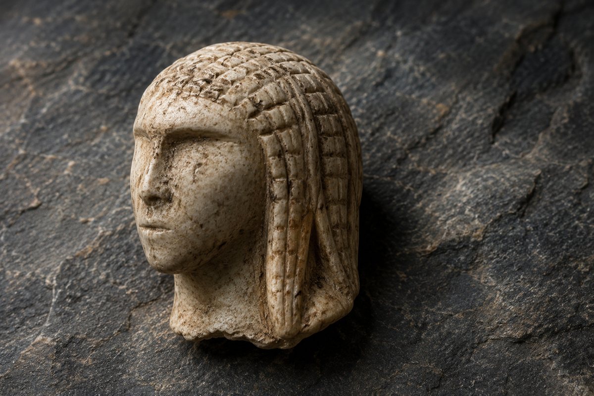 Editorial reconstruction of a small Paleolithic-style carved head with repeated patterns around the head that could suggest hair or a covering.