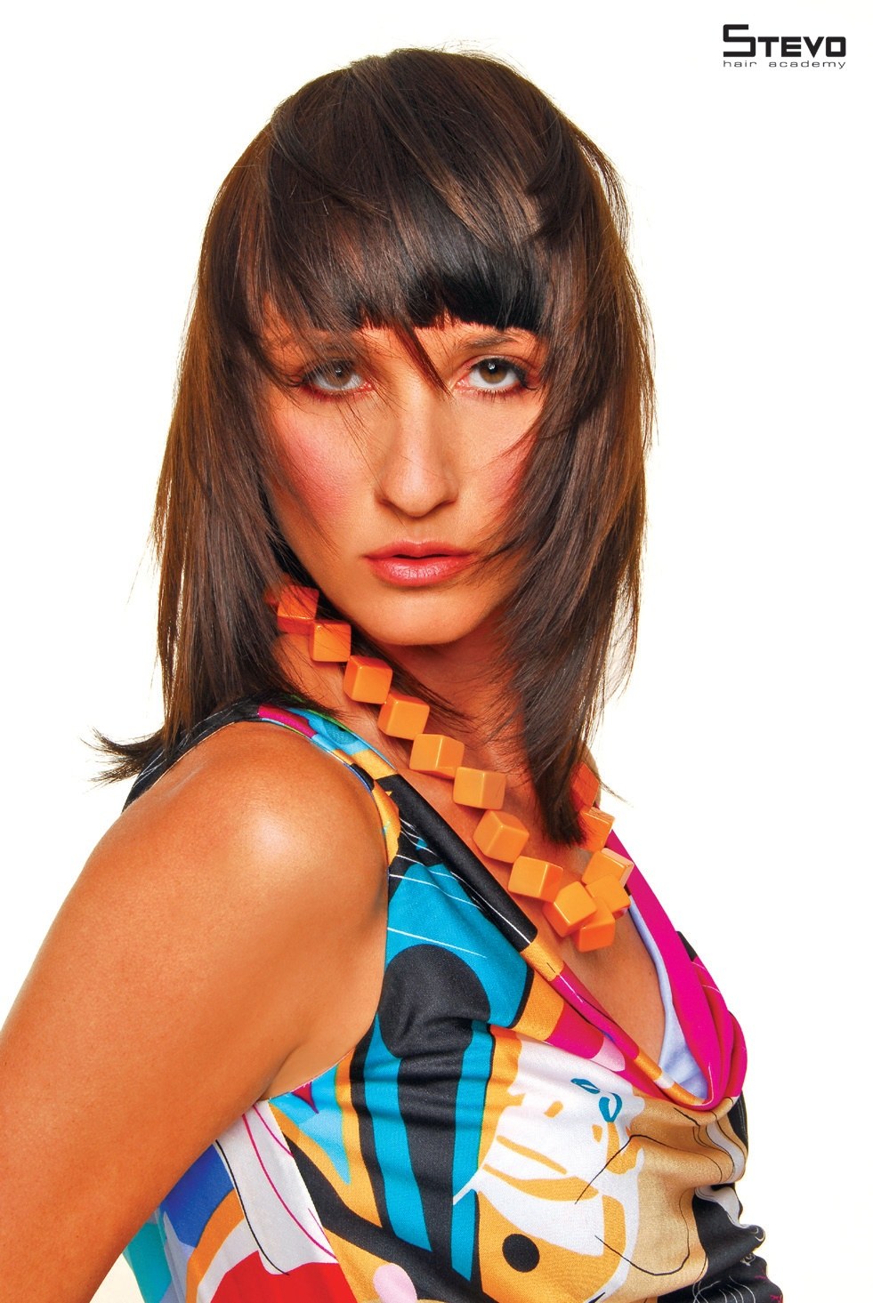 Long chocolate cut with a heavy fringe and layered ends – Pop Collection, Stevo Hair Academy 2008