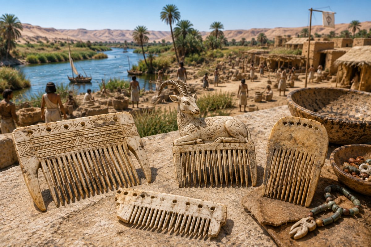 Decorated bone and ivory combs shown against a reconstructed Predynastic Nile setting.