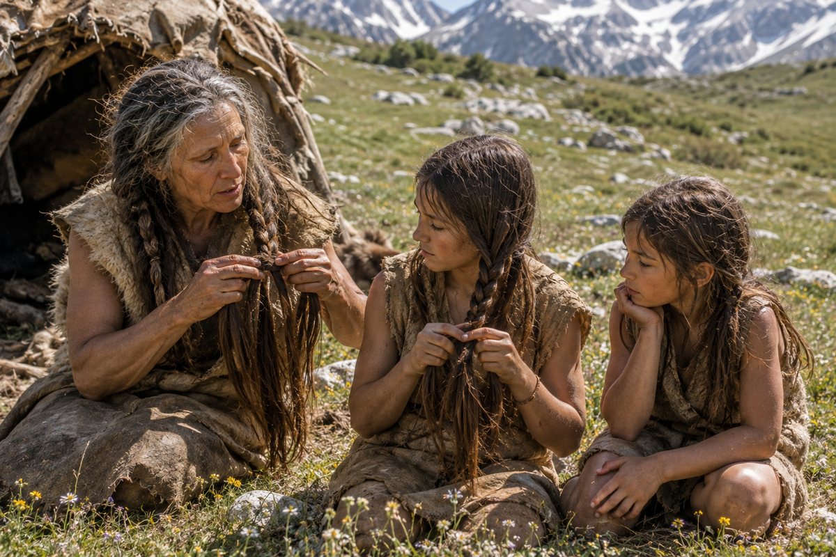 Three generations in a prehistoric editorial reconstruction demonstrating, copying and observing the manual sequence of braiding.
