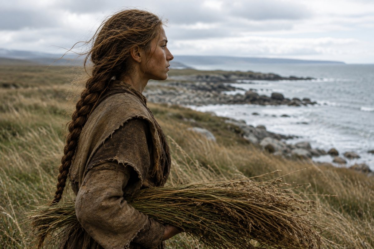 Prehistoric woman with one functional braid carrying gathered reeds along a windswept northern coast.