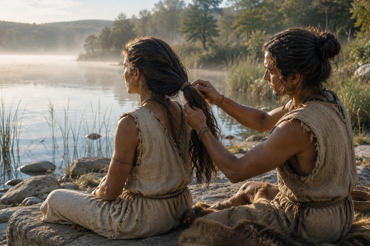 Two prehistoric people beside a misty lake as one deliberately gathers and ties the other's long hair.