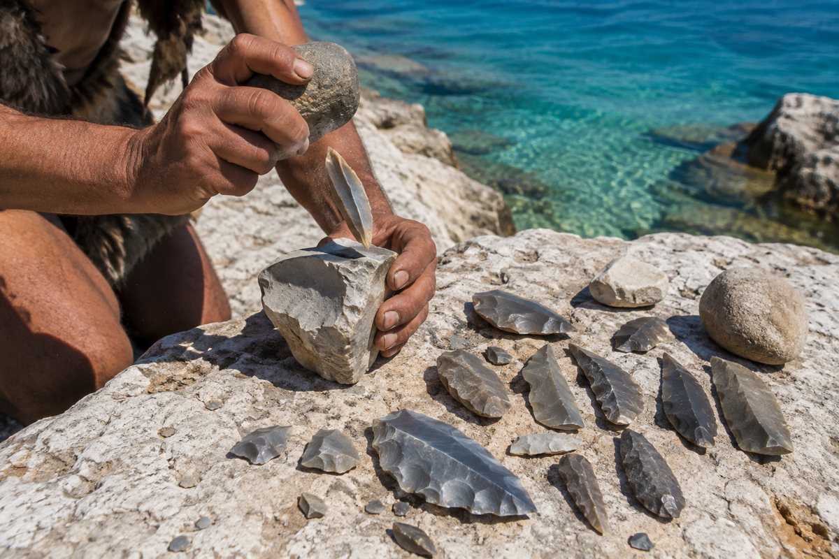 Prehistoric flint knapping on a bright rocky coast, producing sharp stone flakes before the age of metal razors.