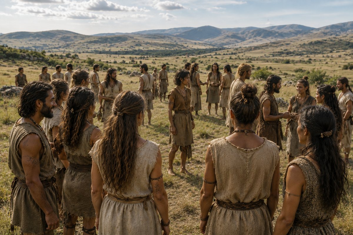Wide prehistoric gathering with subtle variation and similarity in hairstyles, clothing and personal appearance across small groups.