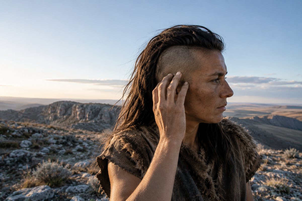 Editorial reconstruction of a prehistoric person with one section of hair closely cropped and the remaining hair left long.