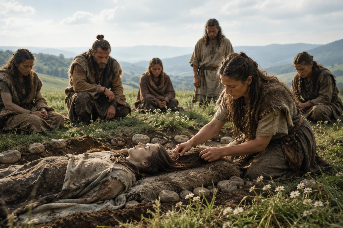 Editorial reconstruction of a prehistoric burial preparation scene in which a figure gently arranges the hair of the deceased.