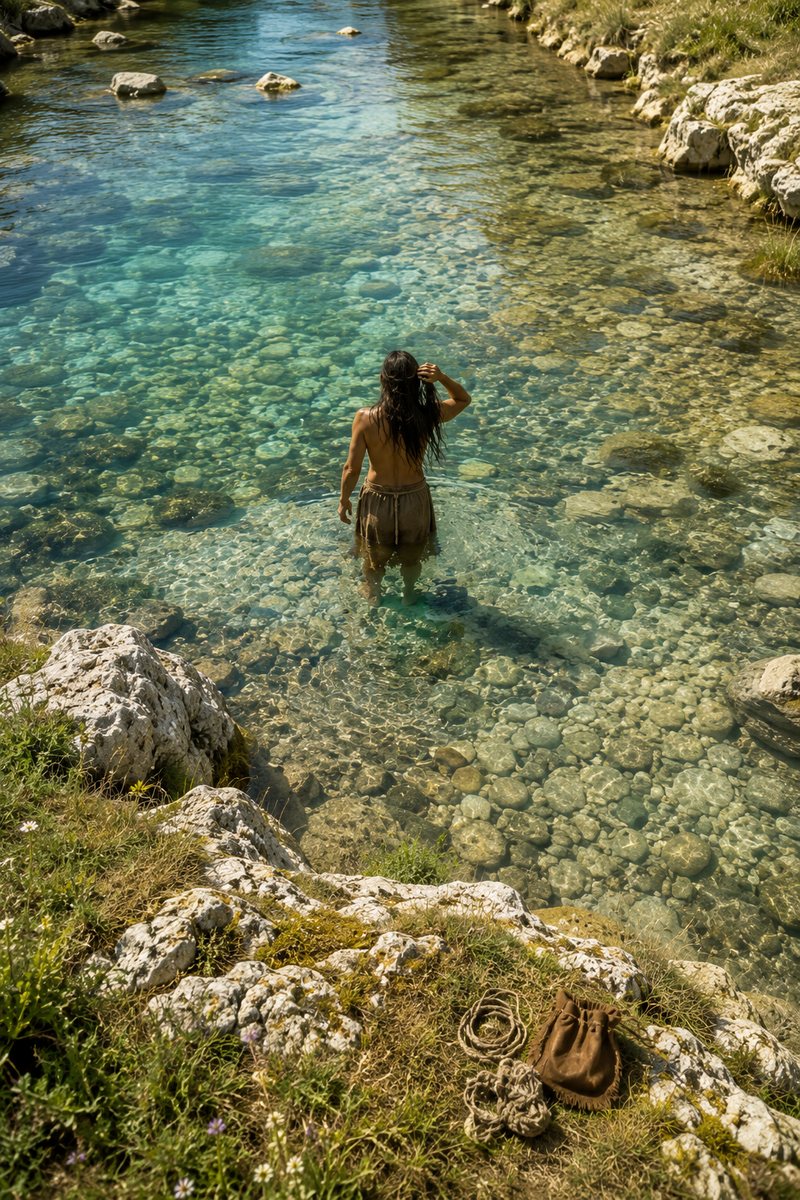 Vertical editorial reconstruction of a lone long-haired prehistoric person standing in a clear river and touching their hair.