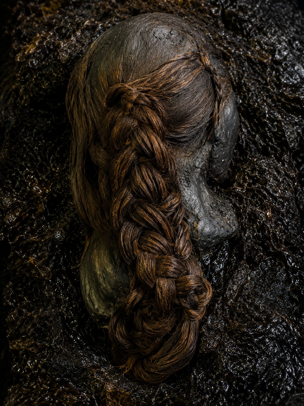 Editorial archaeological reconstruction of exceptionally preserved braided hair in dark peat, inspired by Iron Age bog-body evidence.