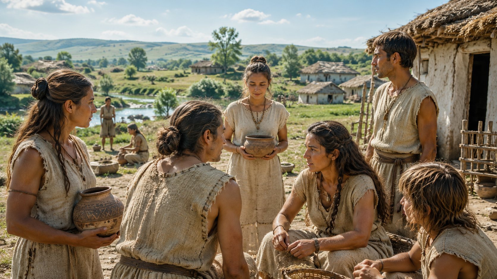 Neolithic community with varied hairstyles and everyday activity in a bright open settlement, illustrating prehistoric hair identity and visible human difference.
