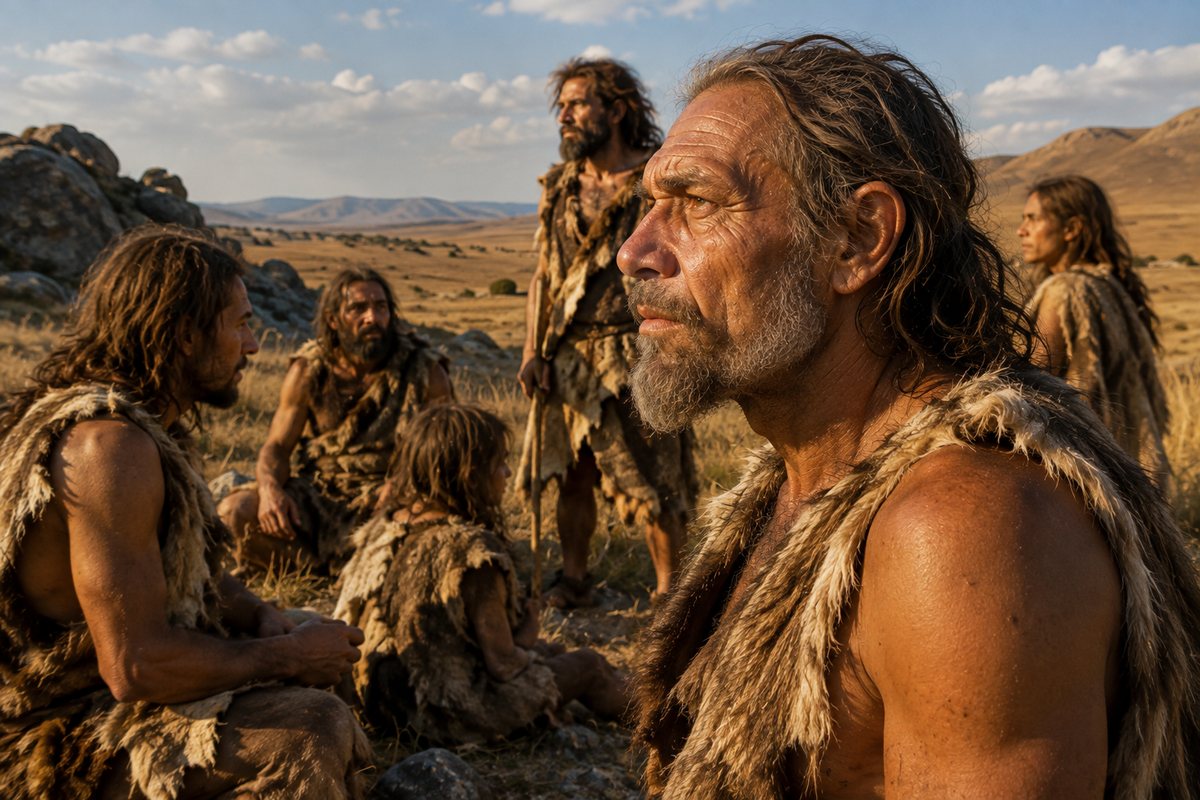 Prehistoric community on an open grassland with visibly different natural hair and beard lengths.