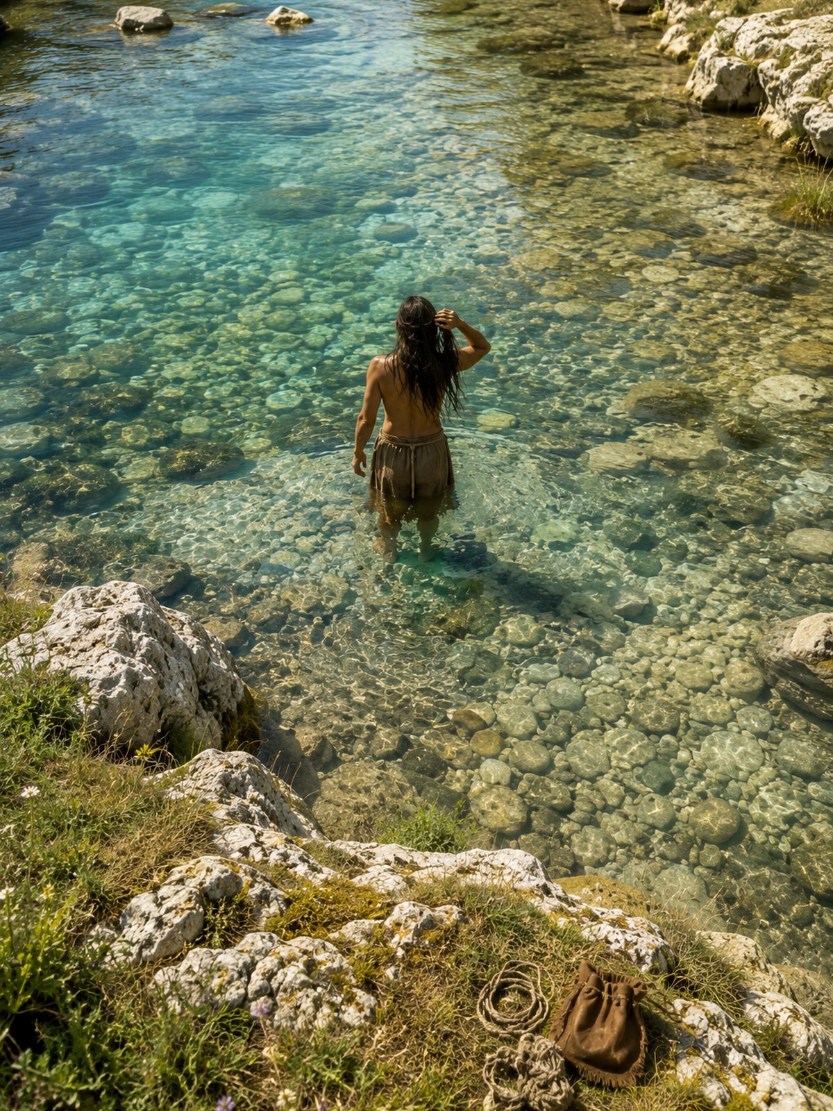 Vertical editorial reconstruction of a lone long-haired prehistoric person standing in a clear river and touching their hair.