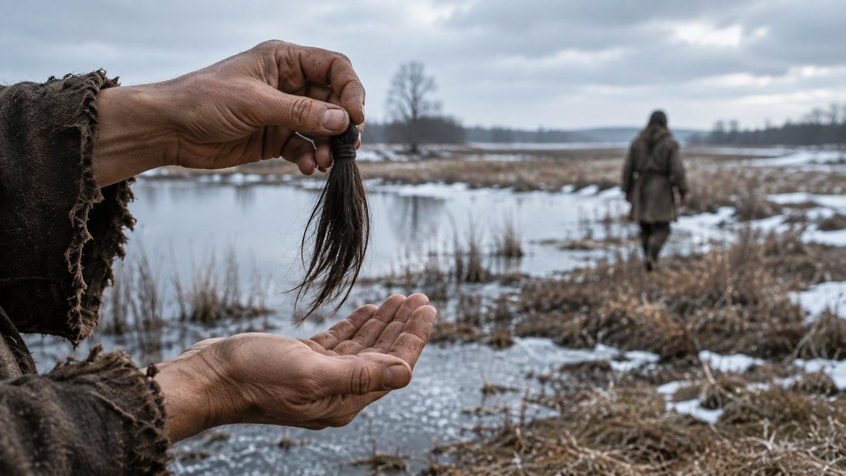 Editorial reconstruction of hands holding a separated lock of dark hair beside a cold prehistoric wetland landscape.