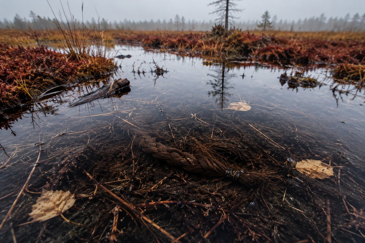Editorial reconstruction of a detached lock of hair partially submerged in a prehistoric wetland context.