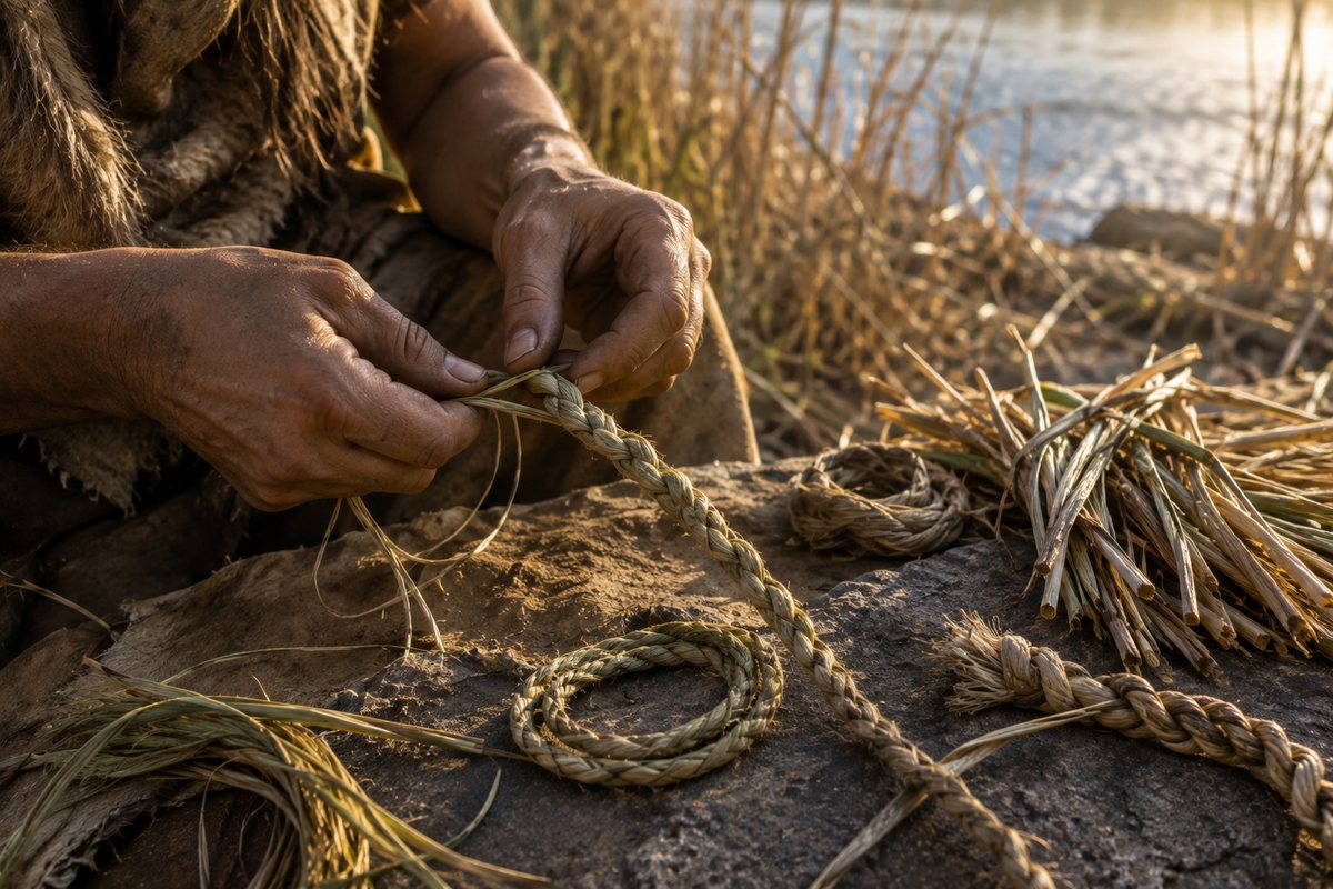 Prehistoric editorial reconstruction of hands twisting and interlacing plant fibres beside a reed-lined shore.