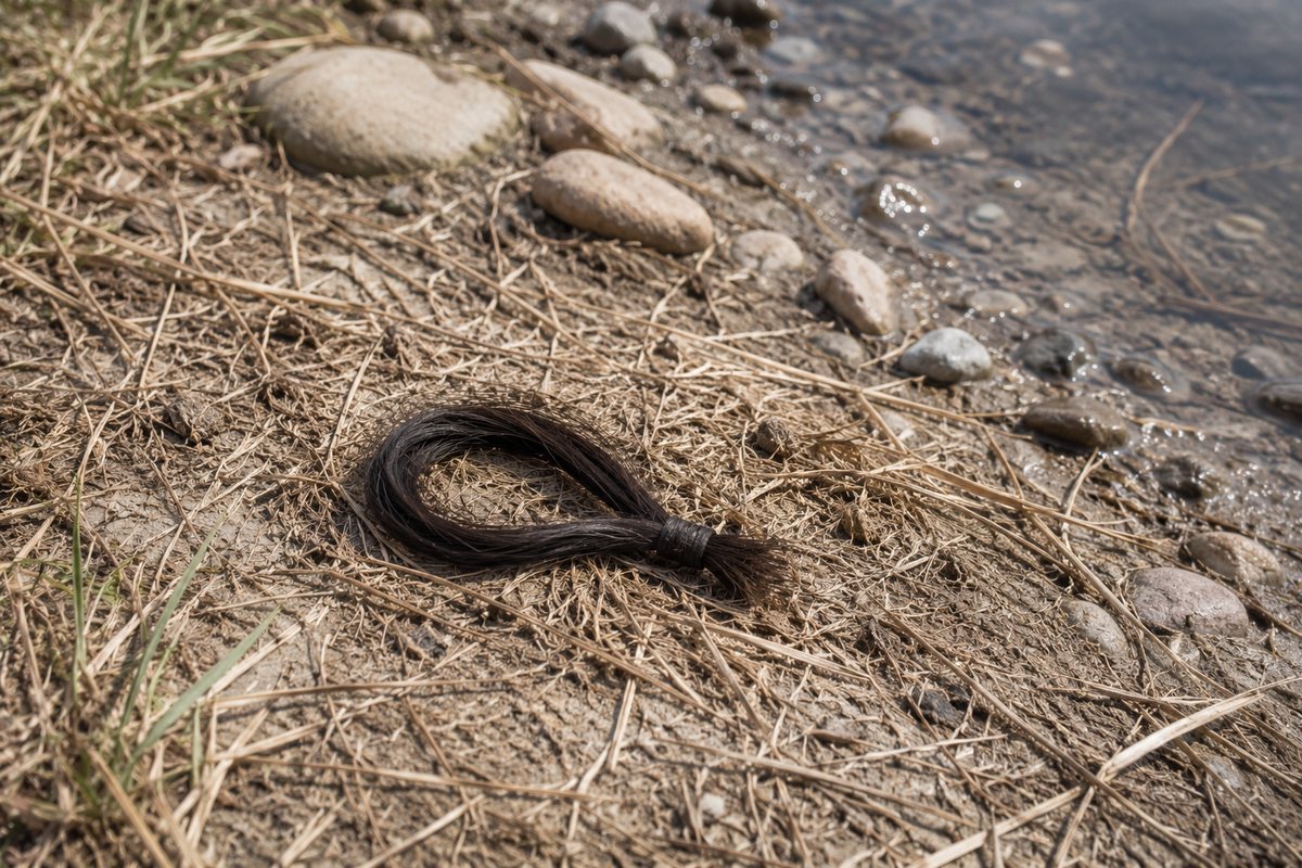 Editorial reconstruction of a collected lock of dark human hair resting on a dry riverbank beside shallow water.