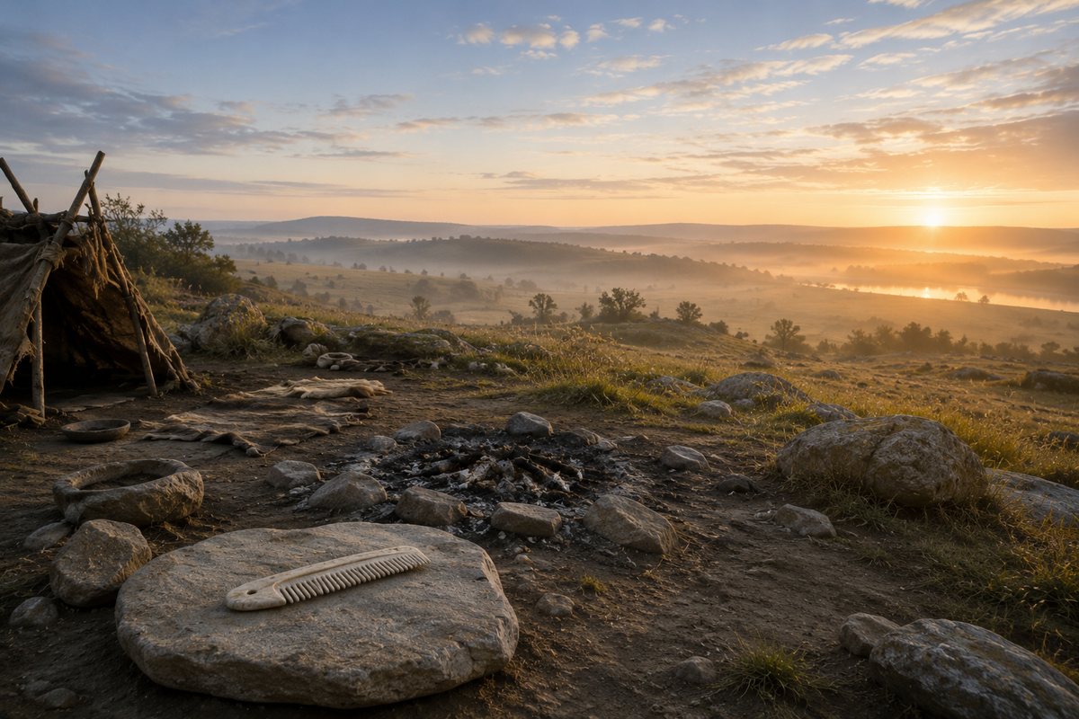 Editorial reconstruction of an empty prehistoric campsite at sunrise with a comb-like grooming object resting on a flat stone.