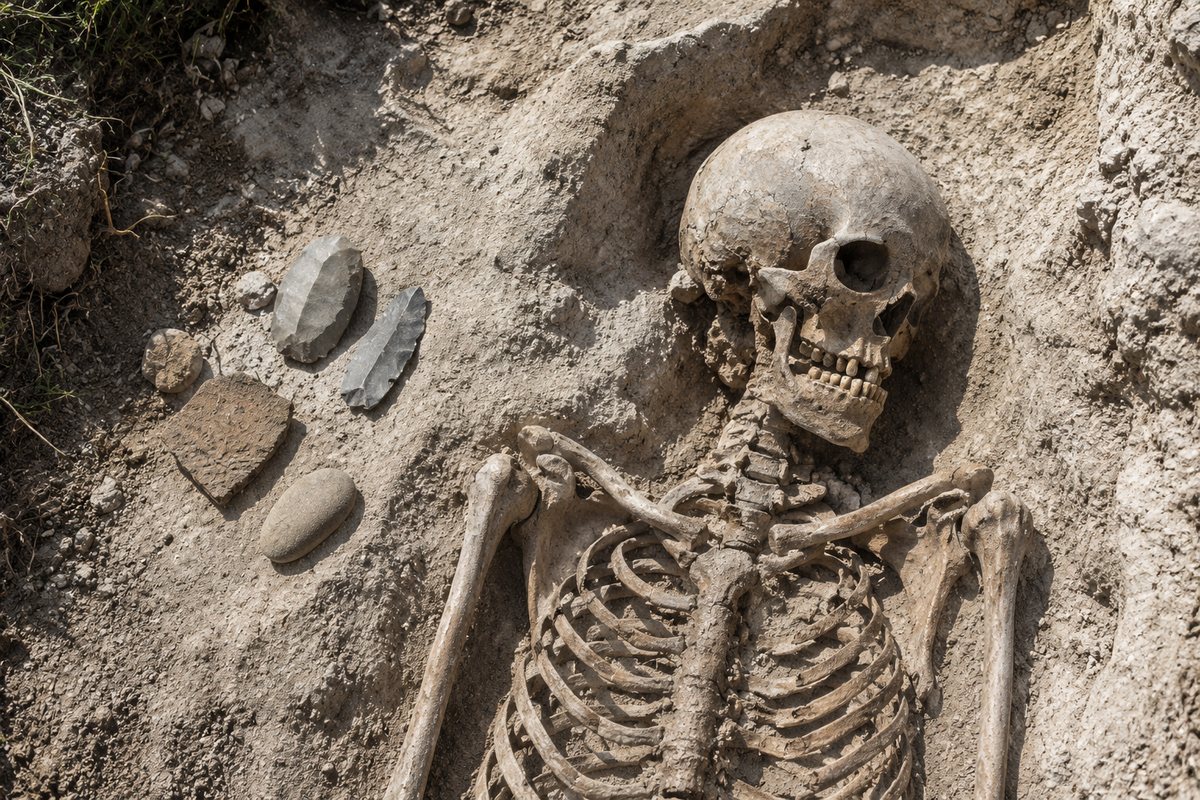 Overhead archaeological reconstruction of prehistoric skeletal remains in pale soil with durable stone objects nearby and no preserved hair.